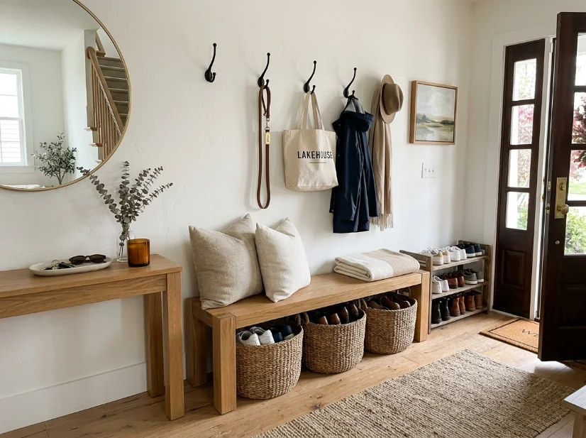 Quiet luxury living room with practical closed storage and baskets