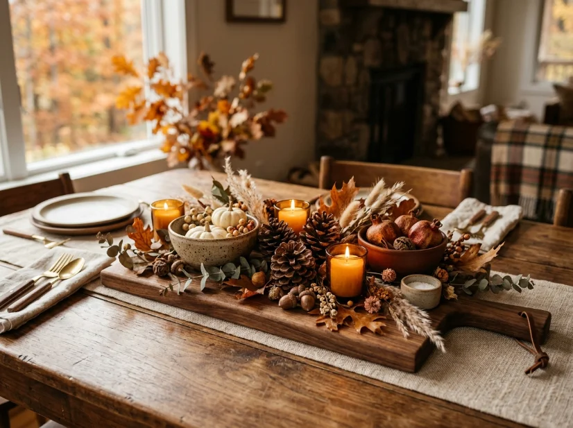 Handcrafted walnut cutting board used as a cozy fall table centerpiece