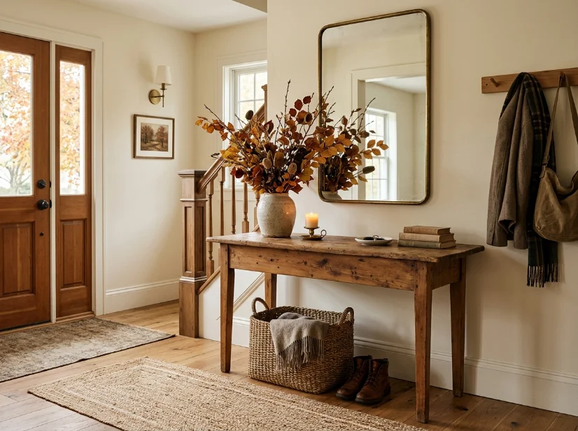 Cozy fall entryway with a reclaimed solid wood console table and natural decor