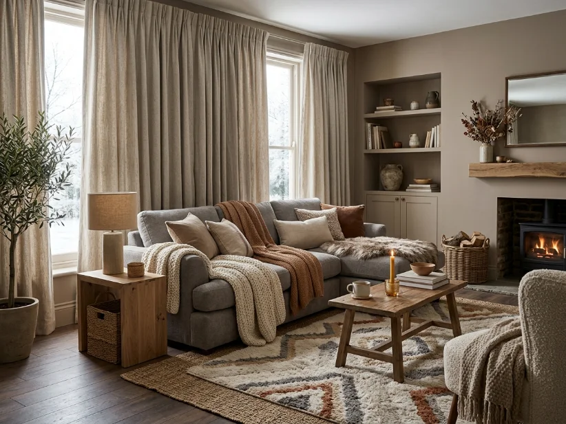Winter living room with heavy curtains and layered warm rugs.