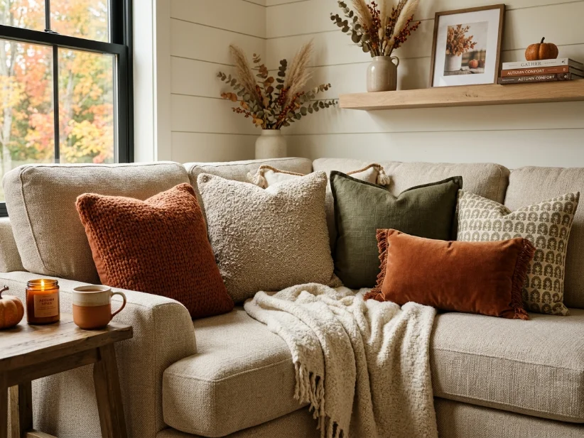 Rust and olive throw pillow covers decorating a cozy fall living room.