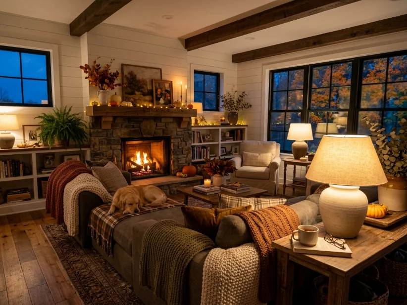 Warm LED lighting creating a cozy fall atmosphere in the living room.