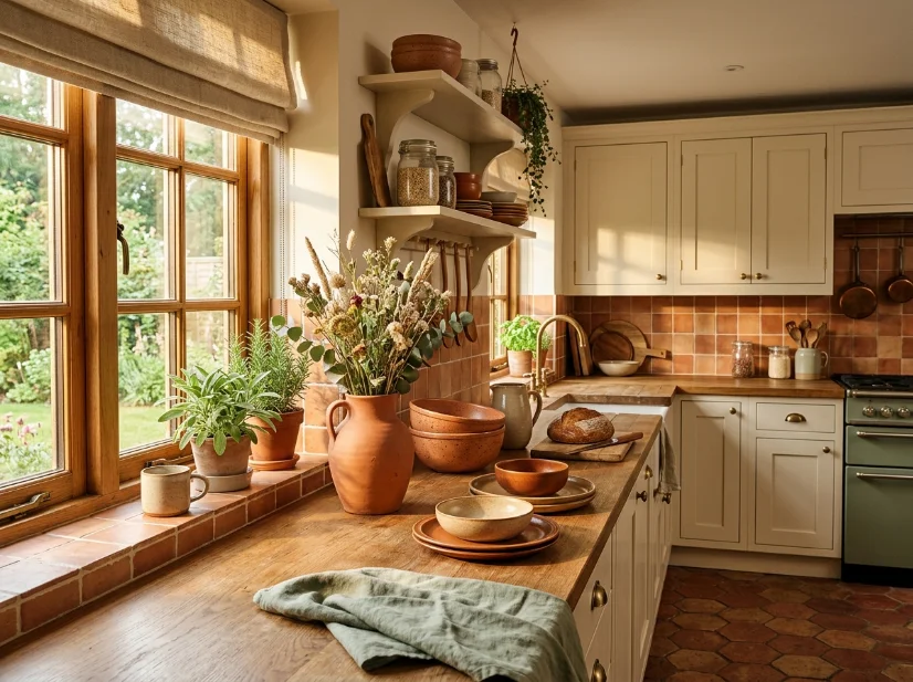 Terracotta and warm clay accessories adding earthy color to a kitchen.