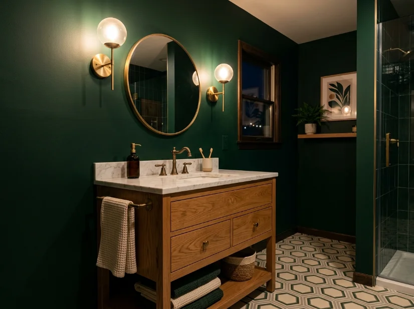 Warm bathroom lighting makes deep green paint appear darker in a color-drenched space.