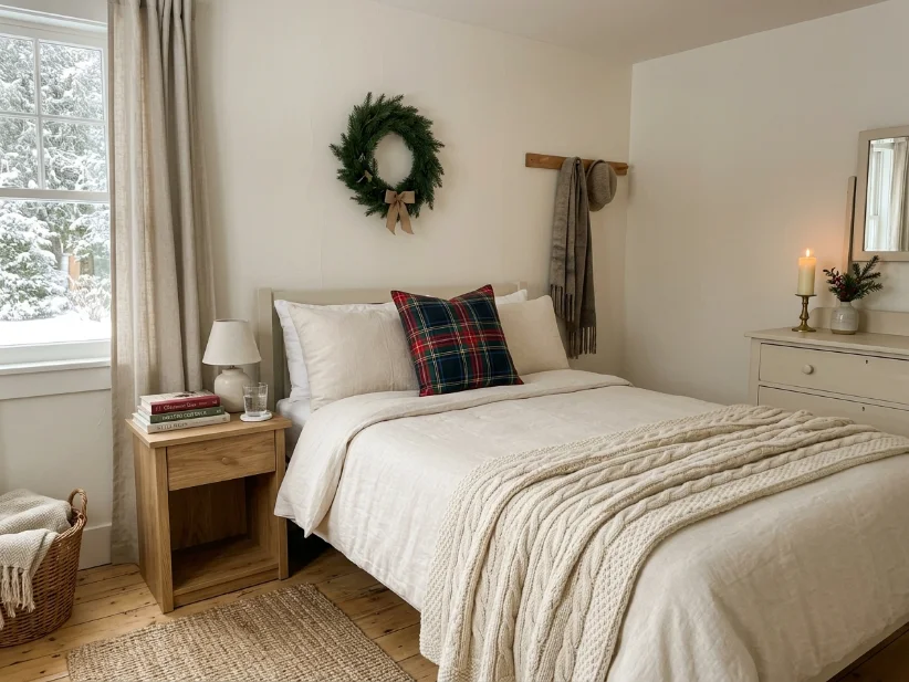 Minimal holiday guest room with cozy textures and simple decor