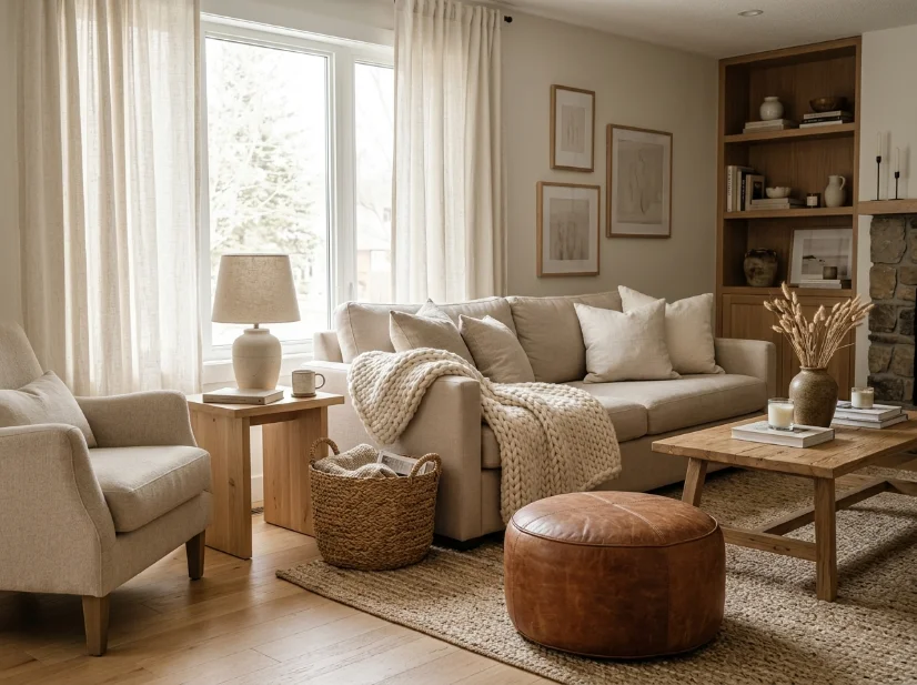 Neutral living room layered with linen wool leather and wood textures