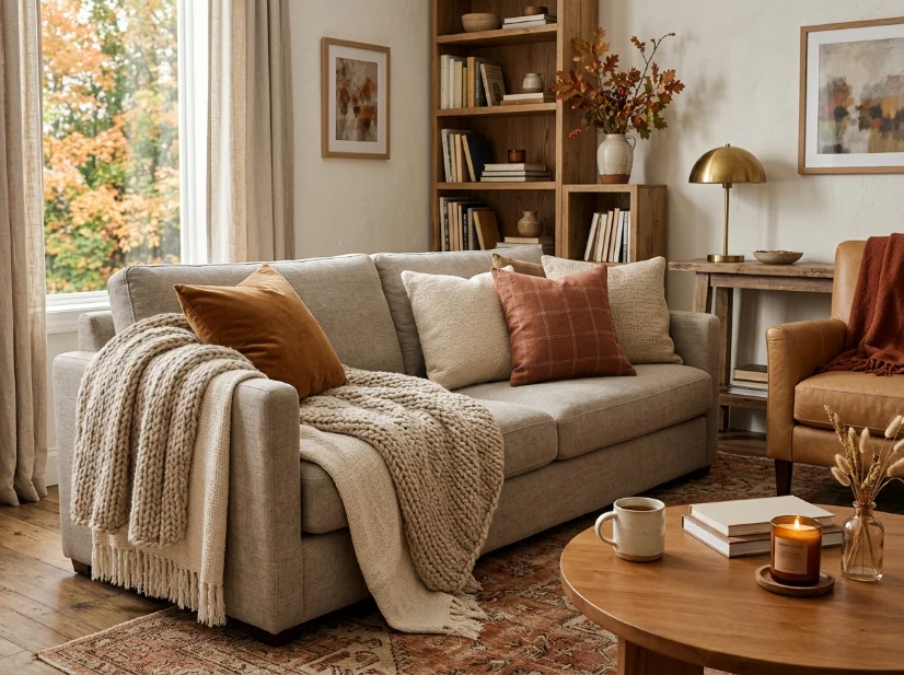 Layered knit throws and caramel pillows on a neutral sofa