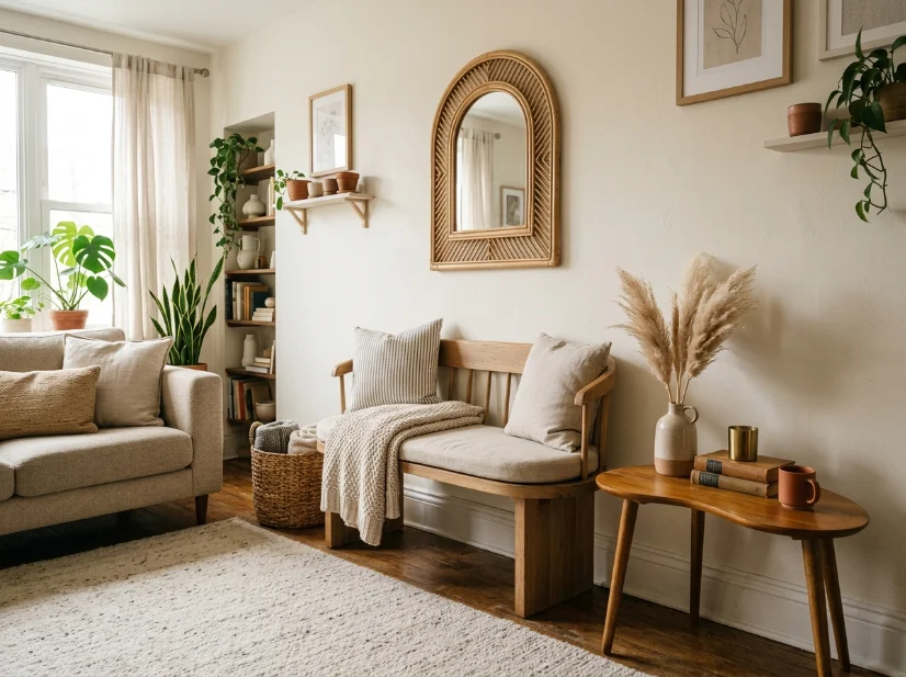 Budget-friendly living room with curved mirror, side table, and bench