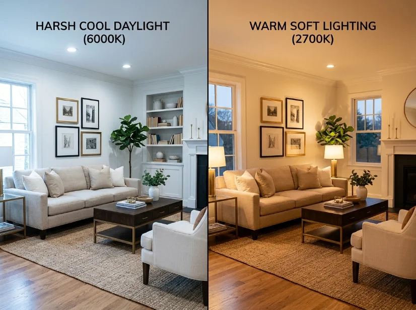 Comparison of harsh cool lighting and warm lighting in a living room