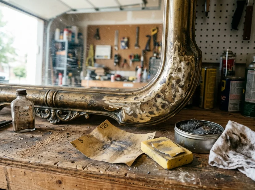 Blotchy brass mirror frame during a DIY refinishing project