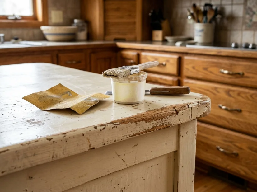 Chipped paint on a kitchen island before repainting with bonding primer.