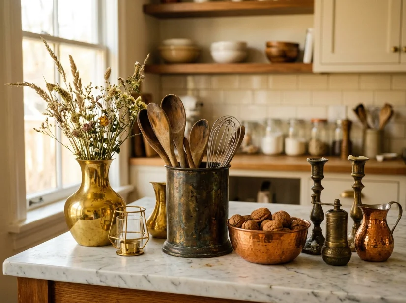 Mismatched brass finishes creating a cluttered kitchen look