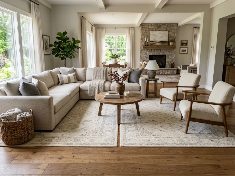 Two coordinating rugs used together in a large living area