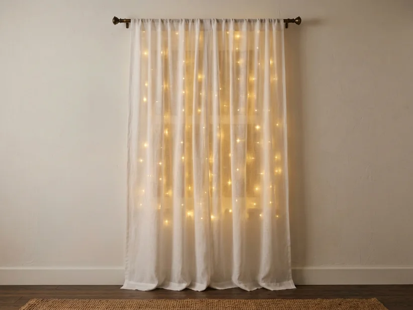Christmas twinkle lights glowing behind a sheer curtain panel