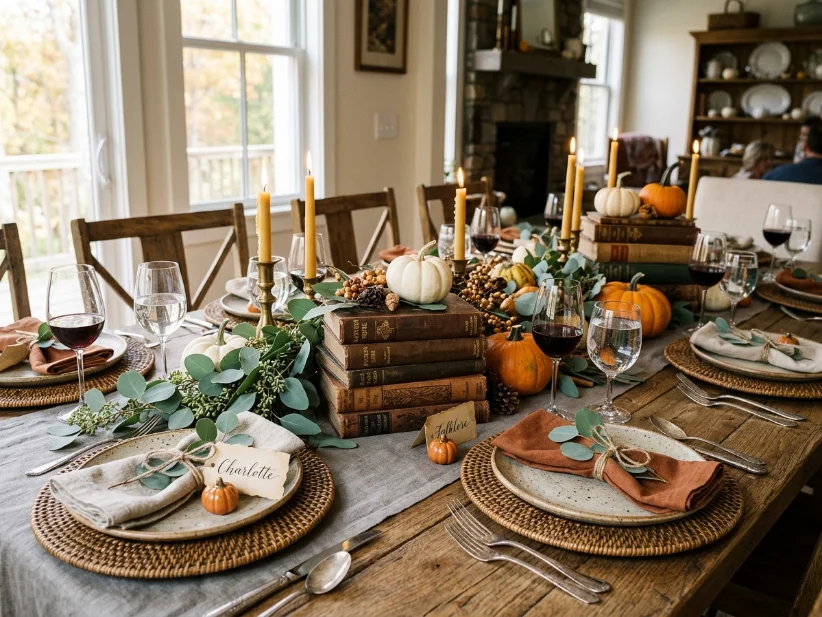 Fall table decor with eucalyptus and woven textures.