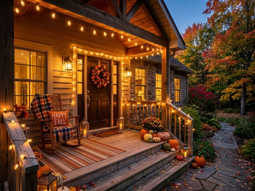 Warm white string lights illuminating a cozy fall porch at night.