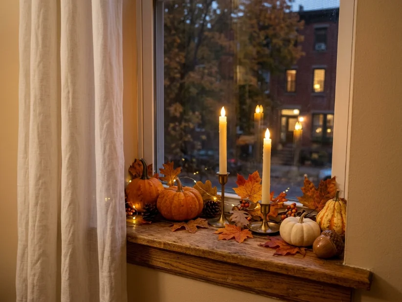 Battery-operated Halloween candles creating a cozy apartment atmosphere.