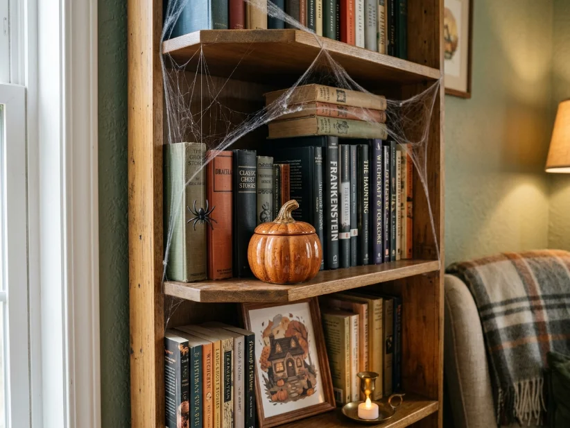 Minimal fake cobweb Halloween decor in an apartment bookshelf.