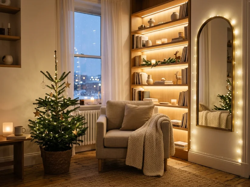 Warm Christmas lights in a small apartment