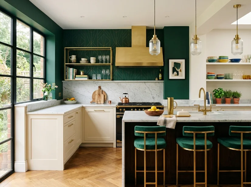 Emerald green accent wall in a modern Art Deco kitchen