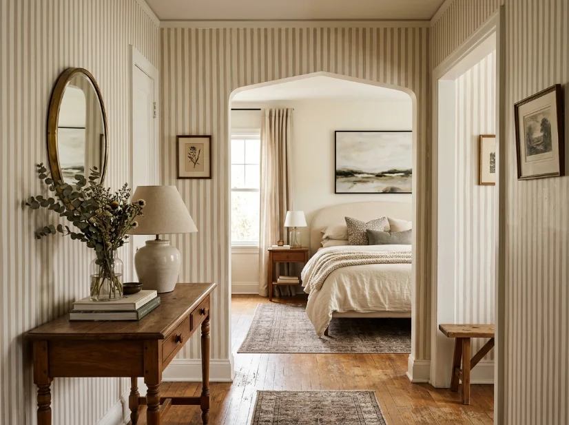 Vintage-inspired striped wallpaper in a cozy interior