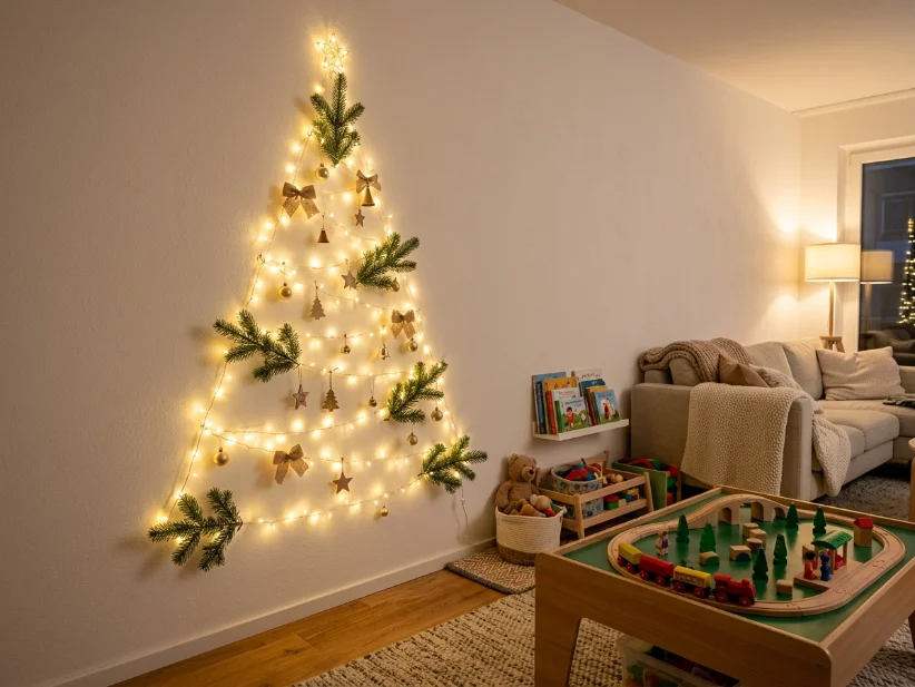 Wall-mounted Christmas tree made with lights and faux branches