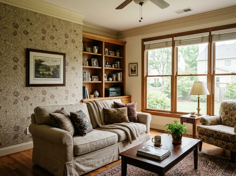 Wallpaper accent wall in a warm suburban living space