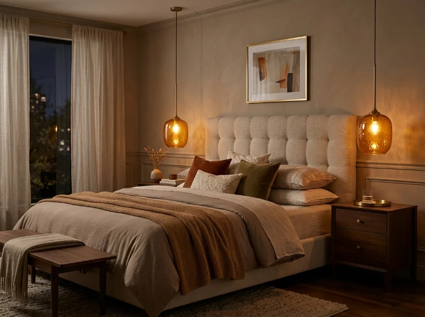 Warm amber glass pendant lights in a cozy bedroom