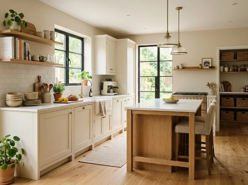 Kitchen with warm creamy white cabinets and natural wood accents.