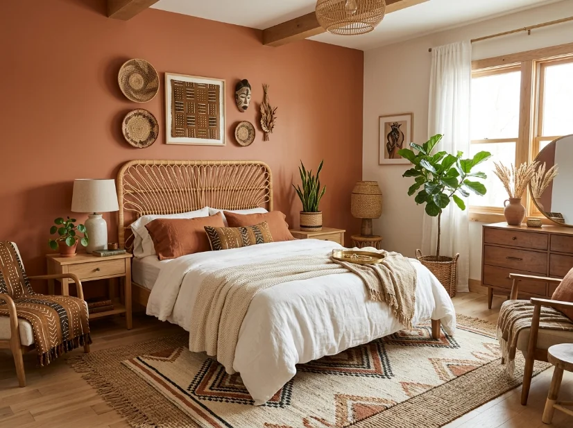 Mudcloth-inspired throw used as a grounding textile in an afrobohemian bedroom