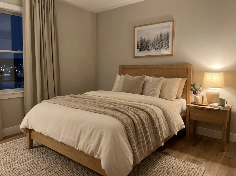 Warm greige bedroom with oak furniture, cream bedding, and cozy winter lighting.