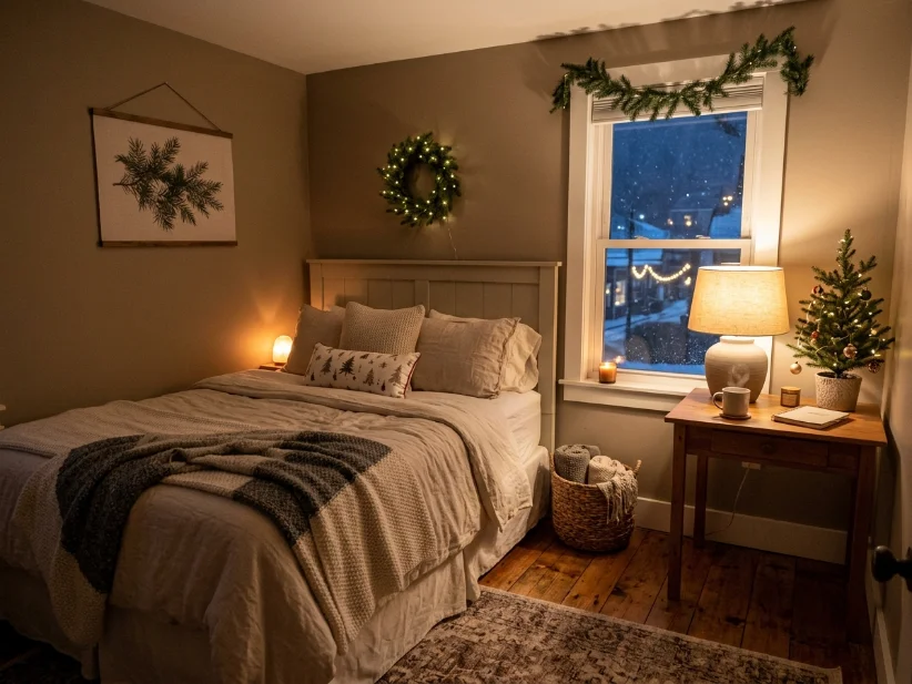 Warm lighting and table lamp creating a cozy guest room
