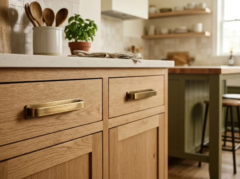 Brushed brass cabinet pulls adding warmth to oak kitchen cabinets.