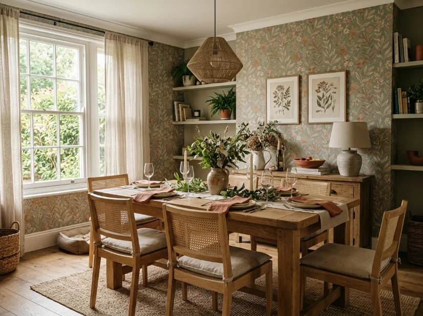 Warm muted botanical wallpaper in a dining room