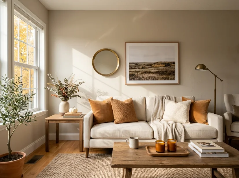 Warm neutral living room walls with caramel fall accents