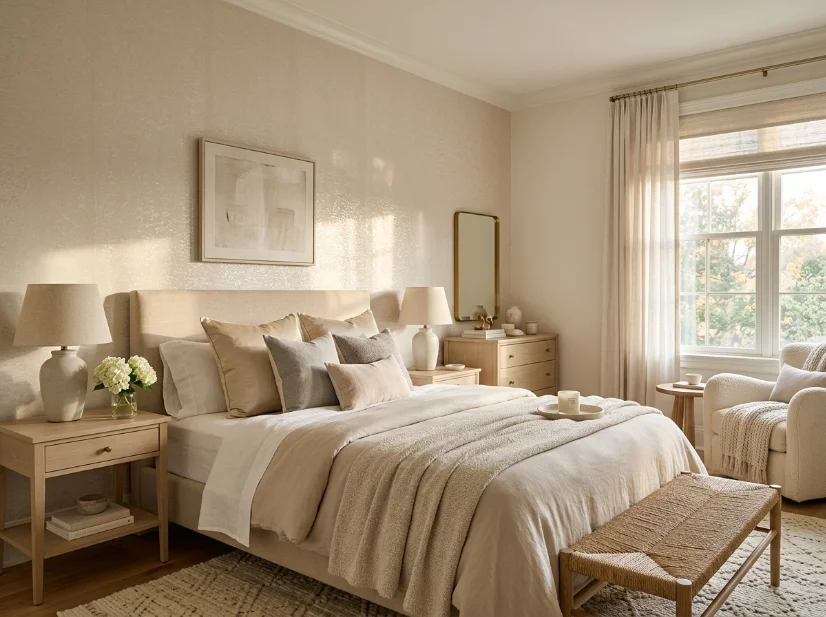 Warm neutral wallpaper with a subtle pearlescent sheen