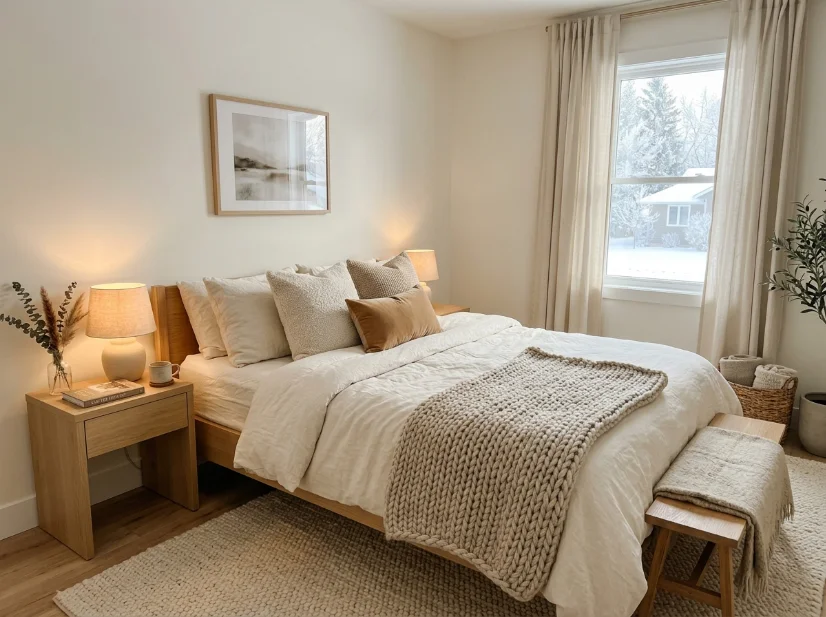 Warm off-white bedroom with layered textiles, linen curtains, and cozy bedding.