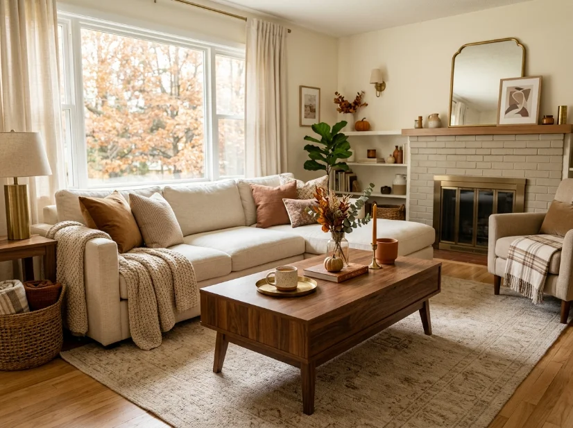 Warm walnut wood furniture in a neutral fall living room
