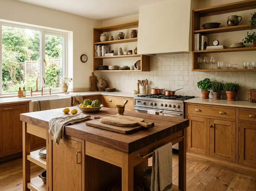 Warm oak and walnut wood tones used throughout a cozy kitchen.