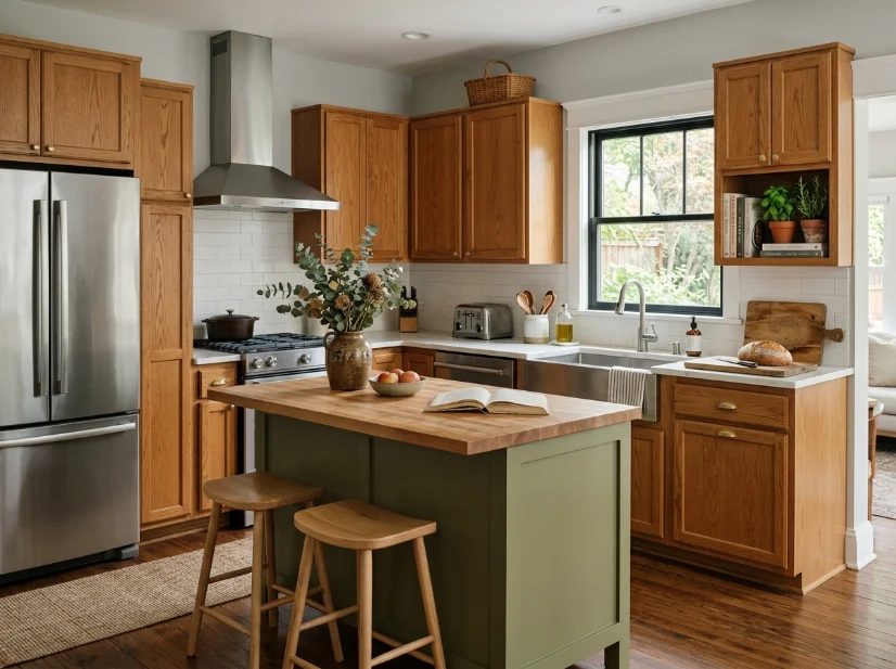 Warm family kitchen with oak cabinets and a muted olive green island.