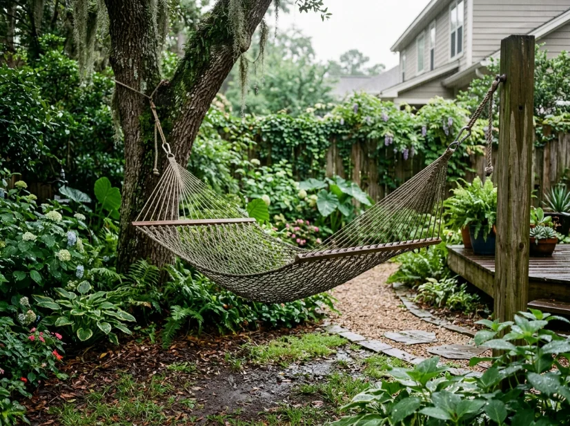 Cotton rope hammock exposed to humid rainy backyard weather