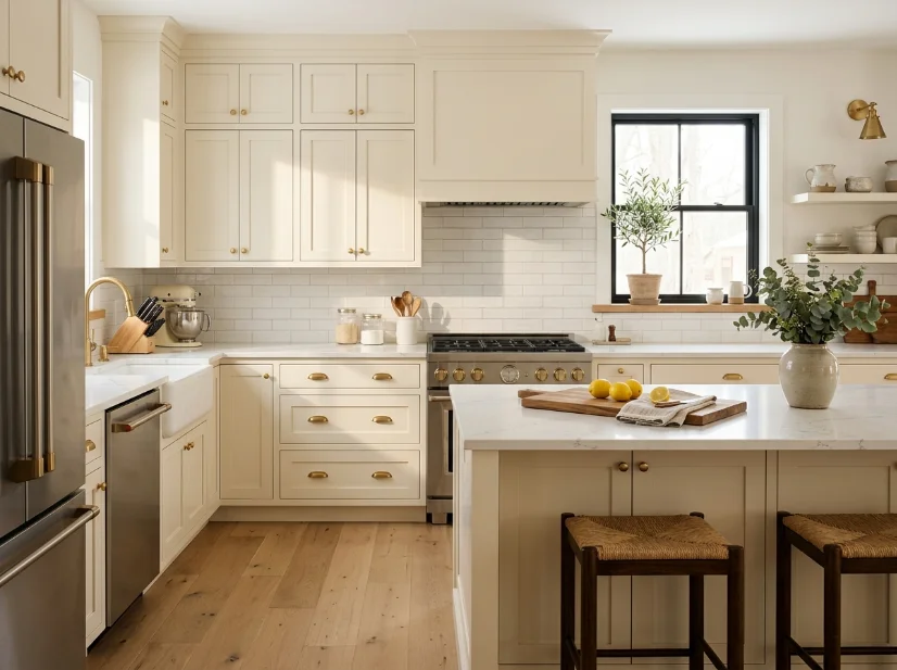 Brass cabinet hardware warming up a dated kitchen