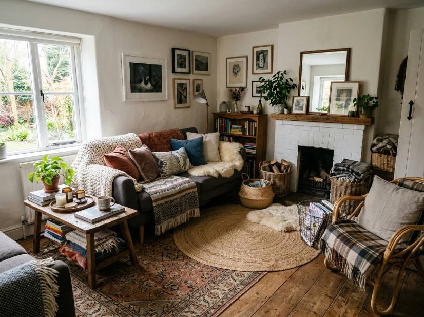 Small cottage living room showing how too many textures can look cluttered