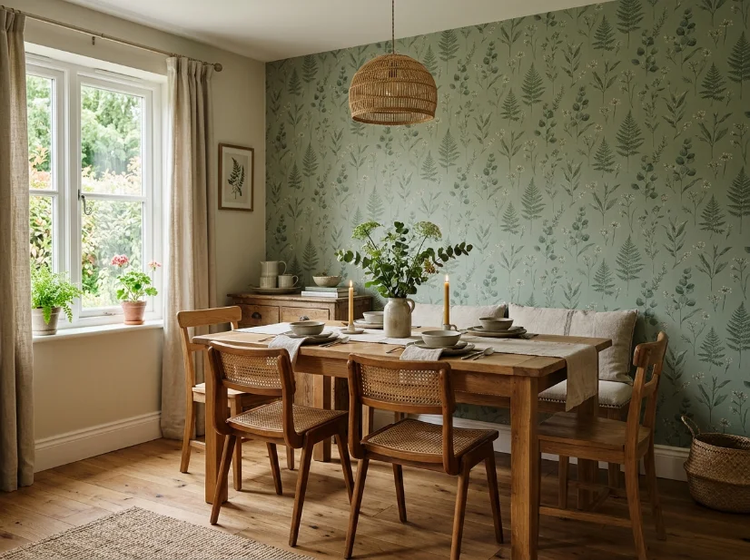 Sage botanical wallpaper behind a dining table