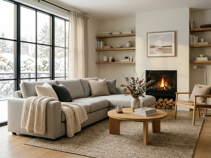 Uncluttered cozy living room with balanced winter pillows and throws.
