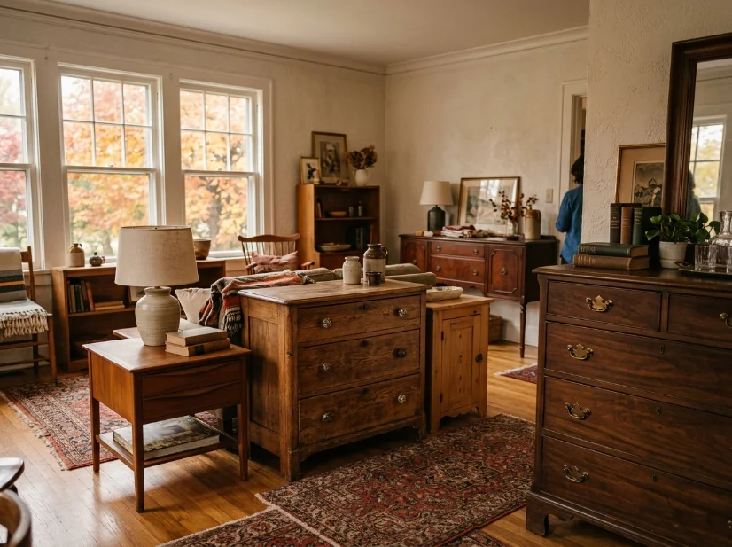 Secondhand solid wood furniture at a cozy estate sale