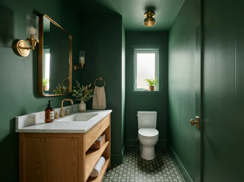 Small powder room using green color drenching to create a cohesive and less boxy appearance.