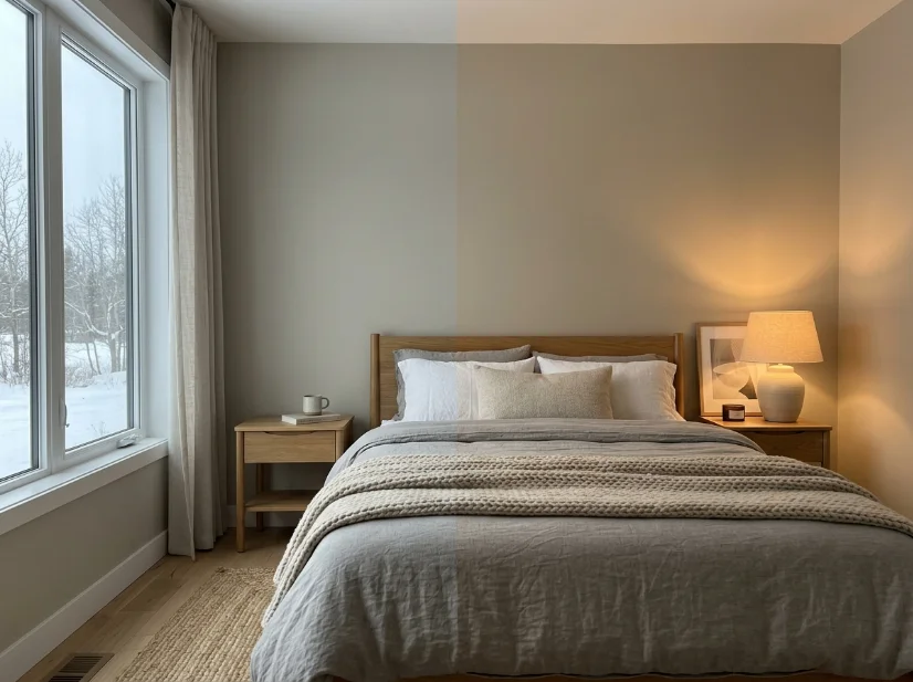 Bedroom showing how winter daylight and artificial lighting affect wall color undertones.