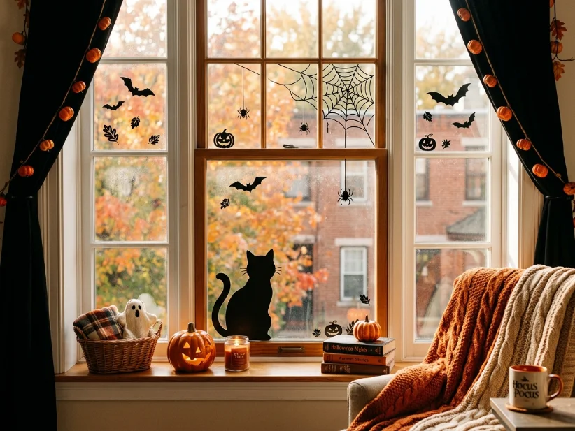 Halloween window clings decorating an apartment window without adhesive.