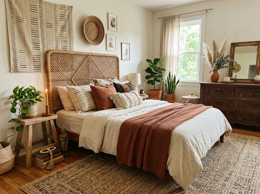 Afrobohemian bedroom layered with rattan, jute, wool, and carved wood textures